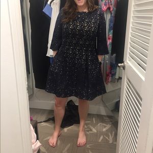 Navy and gold lace dress with pockets
